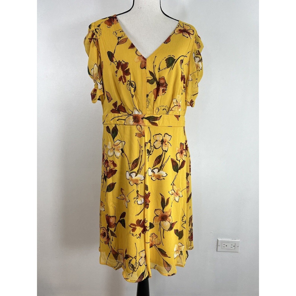 DKNY Womens Yellow Chiffon Floral Midi Fit & Flare Dress 10